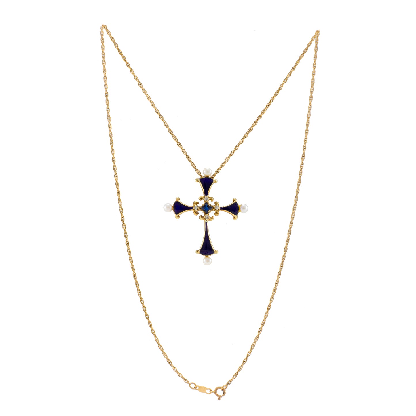 Art Deco Kette Anhänger Kreuz Diamant Perle Emaille Saphir Gelbgold 585 Damenschmuck