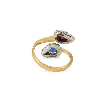 Moi et Toi Ring Art Deco Diamant Topas Spinell Gelbgold 18K 750 Damenschmuck