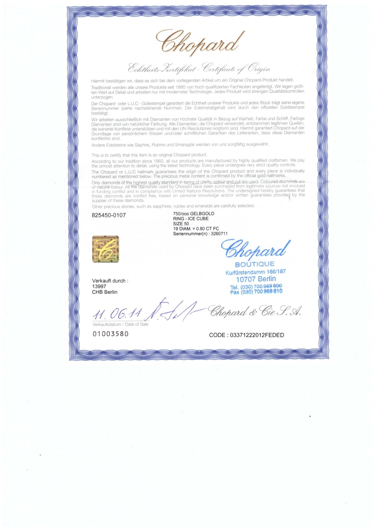 Chopard Ice Cube Memory Ring Diamant Brillant 750 18K RW50/51 Trauring Damenschmuck