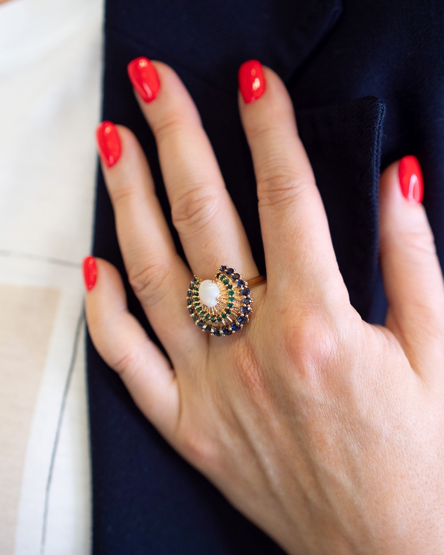 BA220155 Vintage Edelstein Ring Opal Saphir Smaragd Gelbgold 14K