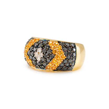 Cocktail Ring mit Diamanten und schwarzen behandelten Diamanten und gelben Saphiren 14K Gold