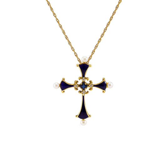 Art Deco Kette Anhänger Kreuz Diamant Perle Emaille Saphir Gelbgold 585 Damenschmuck