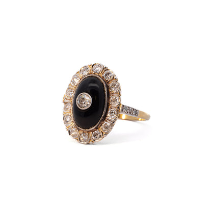 Art Deco Cocktailring mit Diamant im Altschliff und Onyx in 18K Gelbgold