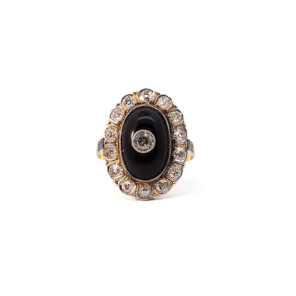 Damenschmuck: Art Deco Cocktailring mit Onyx und Diamant im Altschliff in 18K Gelbgold