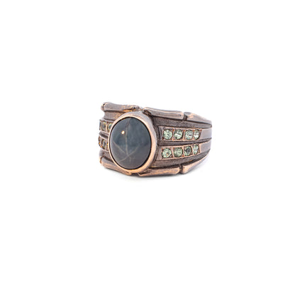 Bicolor Edelsteinring mit geschwärztem Sternsaphir und Topas in 14K 585 Gold