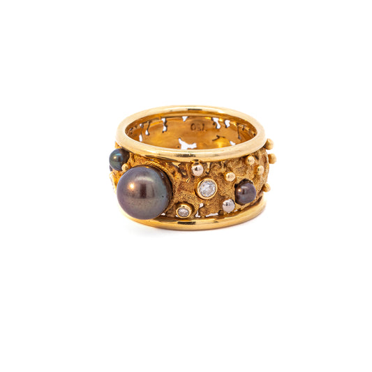 Vintage Bandring Diamant Tahitiperle Gelbgold 18K 750 Damenschmuck Goldring
