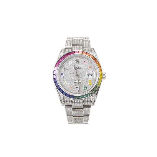 Rolex Datejust Iced out, arabic, Rainbow Lünette Edelstahl Armbanduhr Herrenuhr 126300