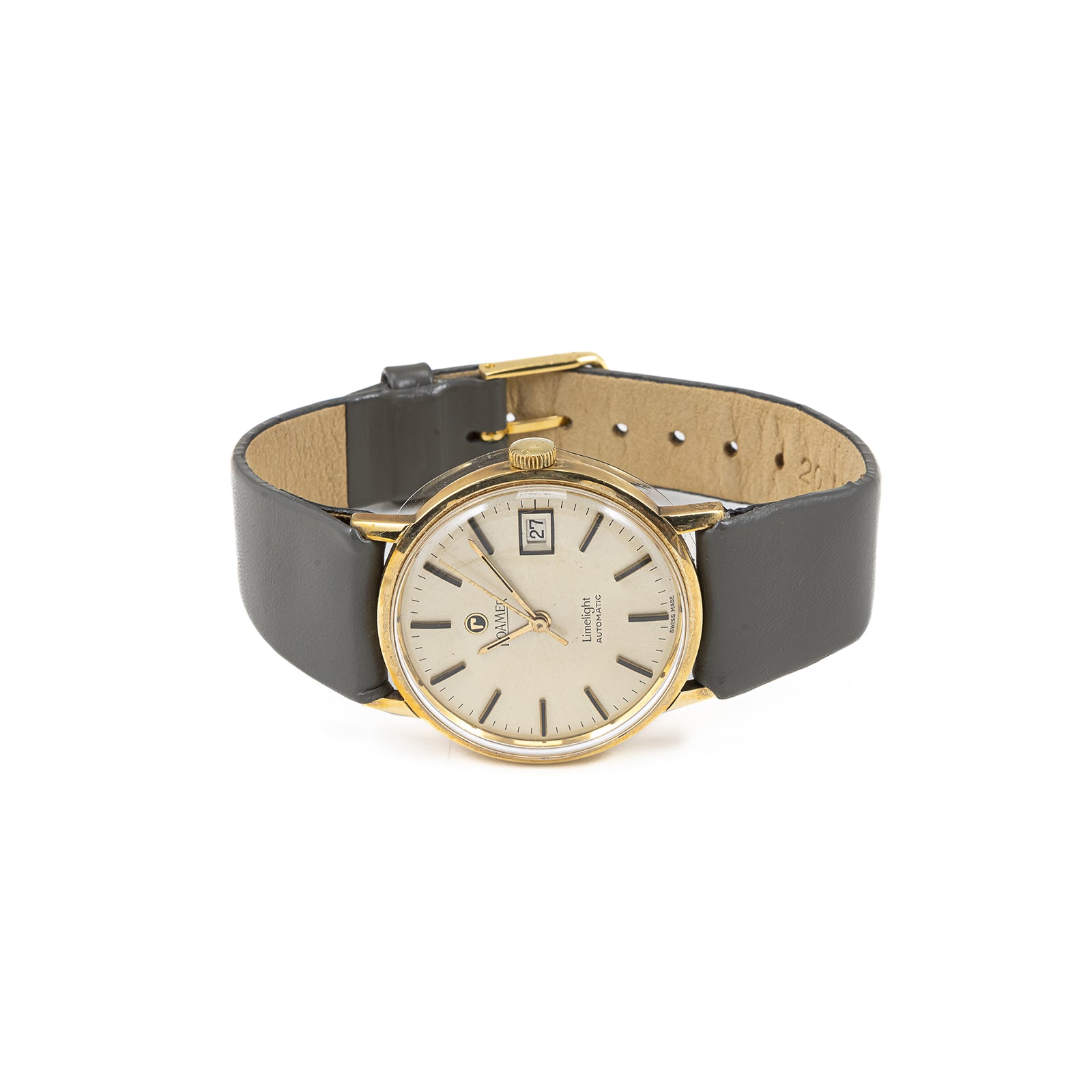 14K Gelbgold Roamer Limelight Automatic Herrenuhr, klassisches Lederarmband im Vintage-Design