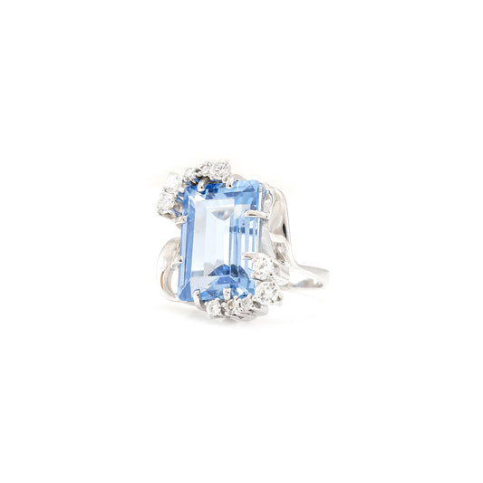 Vintage women's ring with aquamarine diamonds white gold 585 14K gemstone ring vintage jewelry