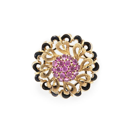 Vintage brooch ruby ​​enamel 750 18K yellow gold women's jewelry pin jewelry 35.2 mm