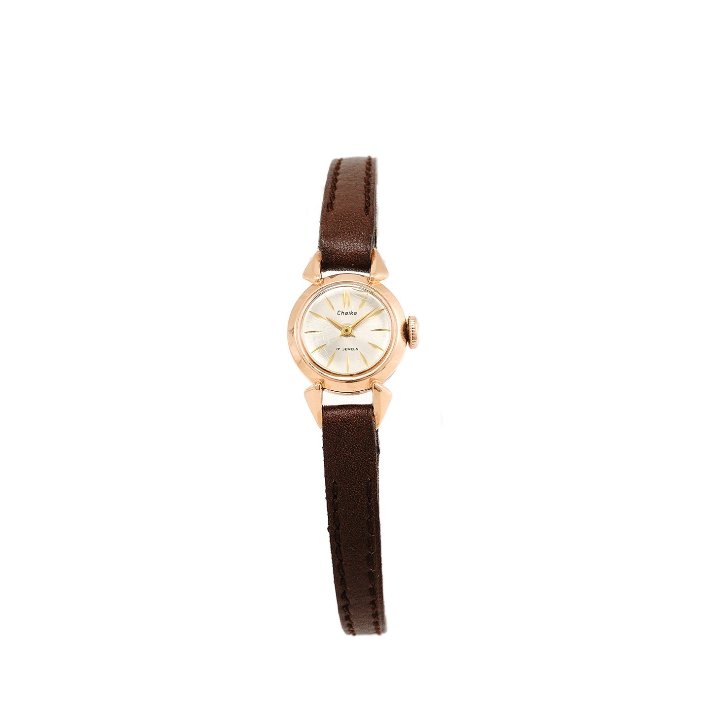 Vintage wristwatch windup watch Chaika 583 14K rose gold red gold women's watch leather strap