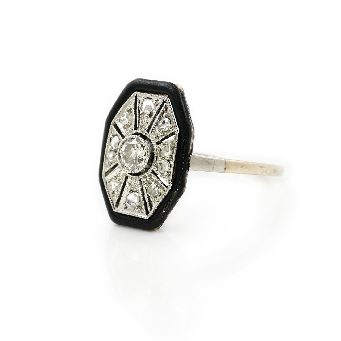 Art Deco Goldring Altschliffe Diamanten 0,4ct Gold Platin Emaille Damenring