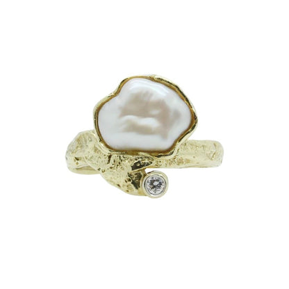 Diamond ring baroque pearl yellow gold 14K women's jewelry gold ring women's ring
