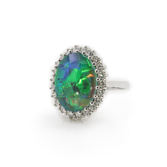 Ring white gold diamond brilliant opal triplet 585 14K RW64 women's jewelry gold ring