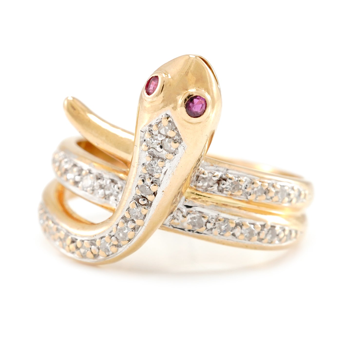 Bicolor snake ring diamond ruby ​​yellow gold white gold 14K women's jewelry gold ring