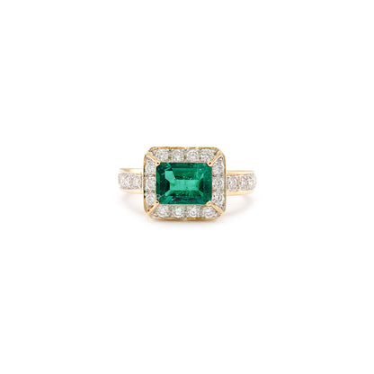 Vintage engagement ring yellow gold 750 18K 0.75 carat emerald diamond gold ring