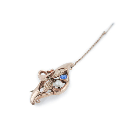 Brooch Art Deco blue spinel pearl rose gold 333 8K women's jewelry pin