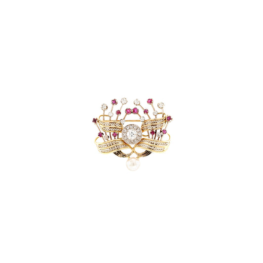 Art Deco Diamond Brooch Old Cut Pearl Ruby Yellow Gold 18K 14K Antique Jewelry