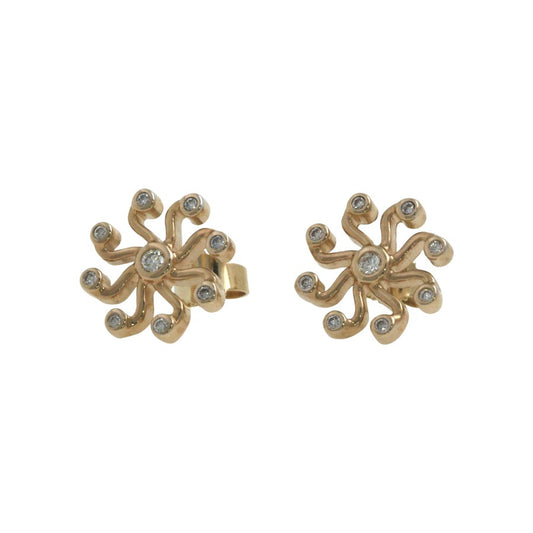 Designer yellow gold stud earrings with diamonds "Sun" 585 gold 14K diamond jewelry
