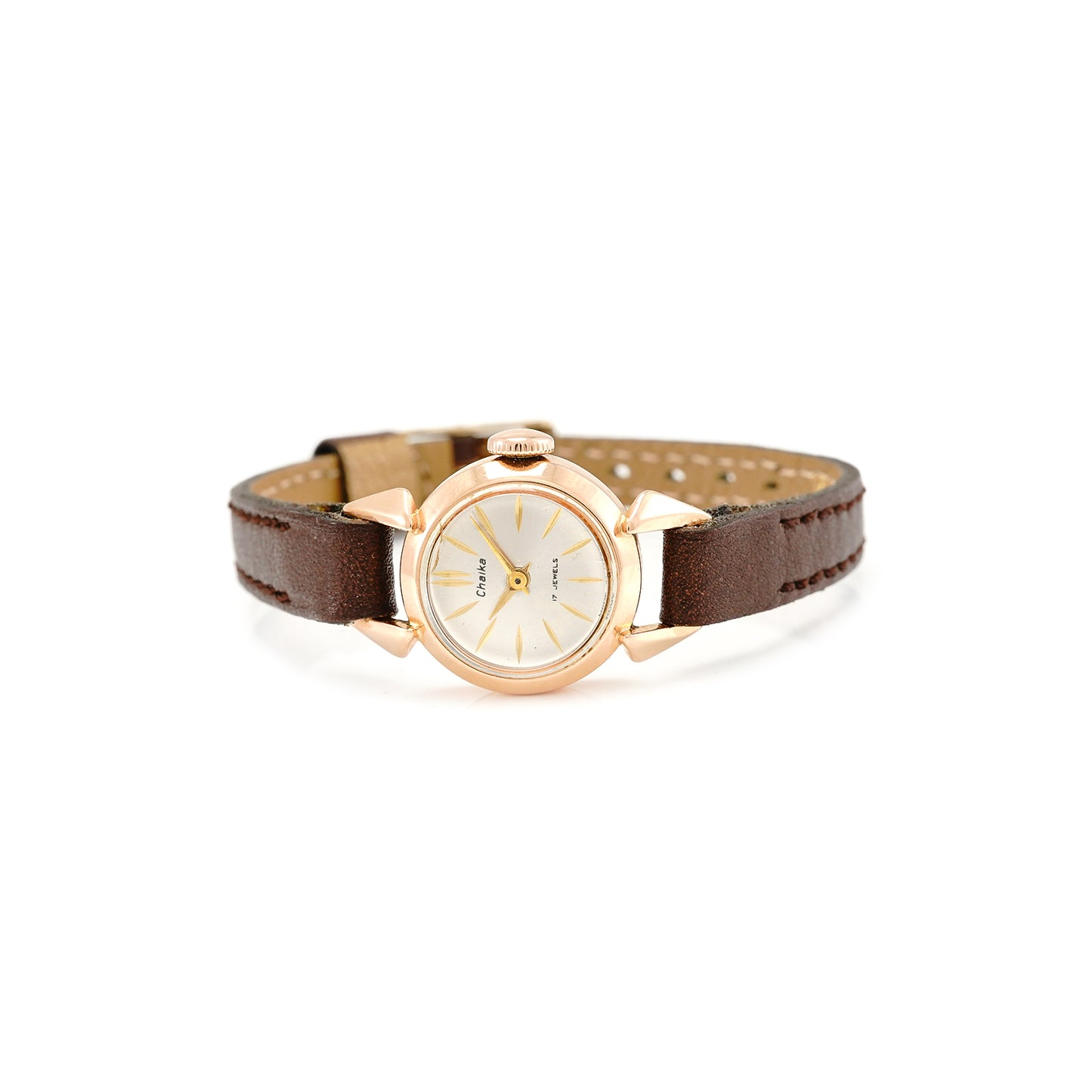 Vintage wristwatch windup watch Chaika 583 14K rose gold red gold women's watch leather strap