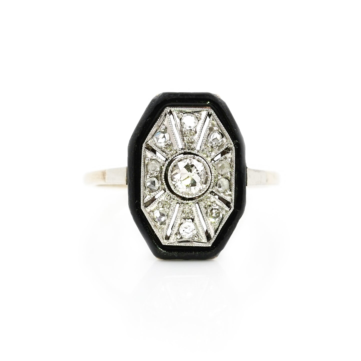 Art Deco gold ring old cuts diamonds 0.4ct gold platinum enamel women's ring