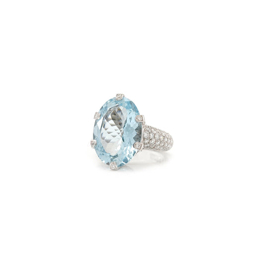 Diamond ring aquamarine diamond pave white gold 750 18K RW52 women's jewelry gold ring