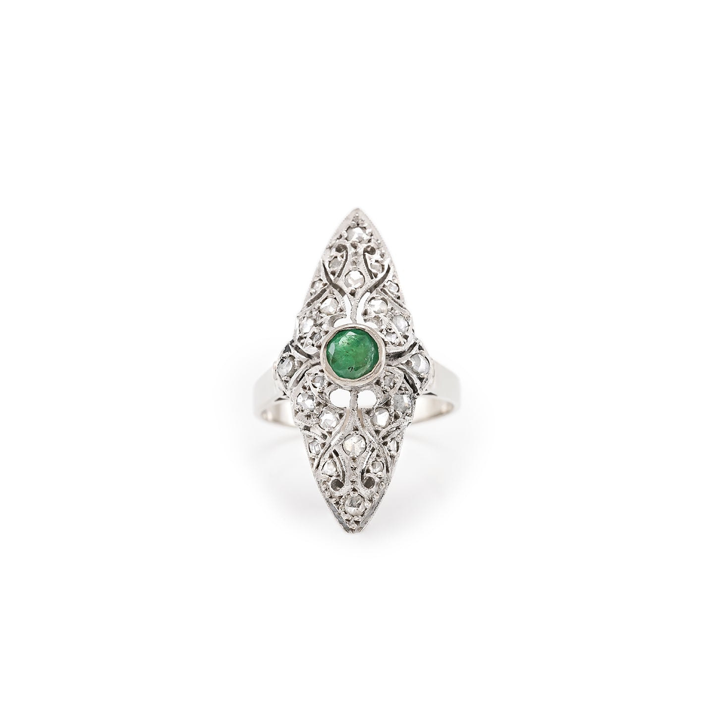 antique women's ring boat old cut diamond rose gold emerald diamond ring