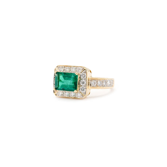 Vintage engagement ring yellow gold 750 18K 0.75 carat emerald diamond gold ring