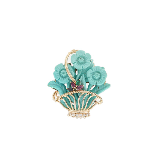 Brooch flower basket diamonds turquoise gemstones 585 gold real jewelry gold jewelry