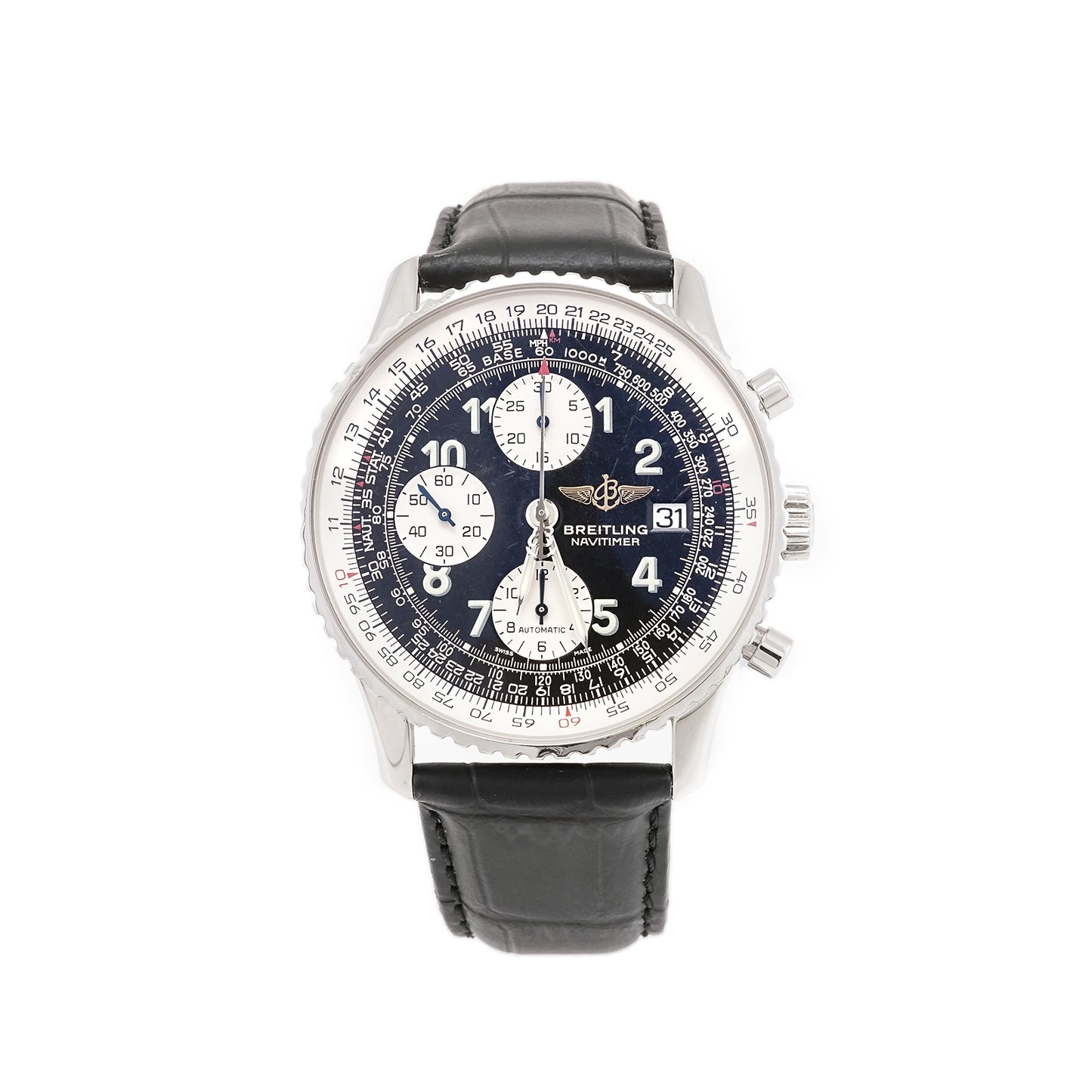 Breitling Navitimer A13322 Chronograph Steel Automatic Men's Watch Leather Strap