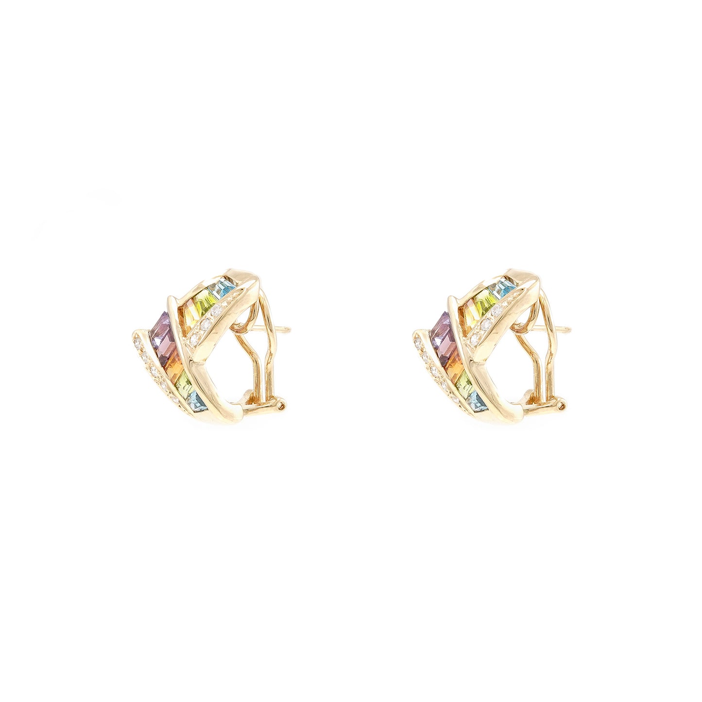 Modern women's clip-on earrings with diamonds and colorful gemstones 14K yellow gold