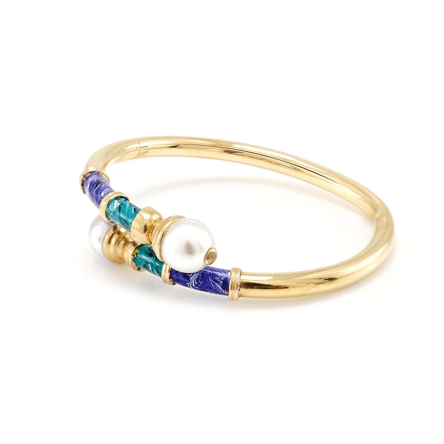 Antique bangle enamel pearl women's jewelry yellow gold 750 18K bracelet gold bracelet