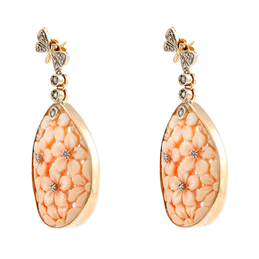 Art Deco Stud Earrings Coral Diamond Yellow Gold 14K Silver Women's Jewelry Gold Earrings