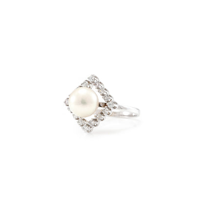 Ring white gold diamond brilliant pearl 750 18K RW58 women's jewelry gold ring
