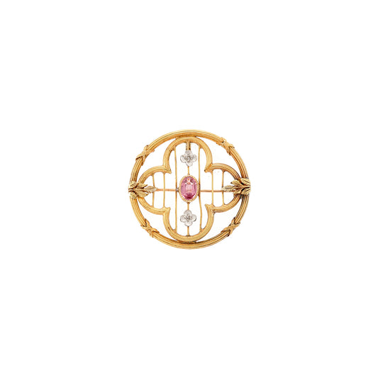 Brooch vintage yellow gold white gold 585 14K pink stone diamond rose pin jewelry