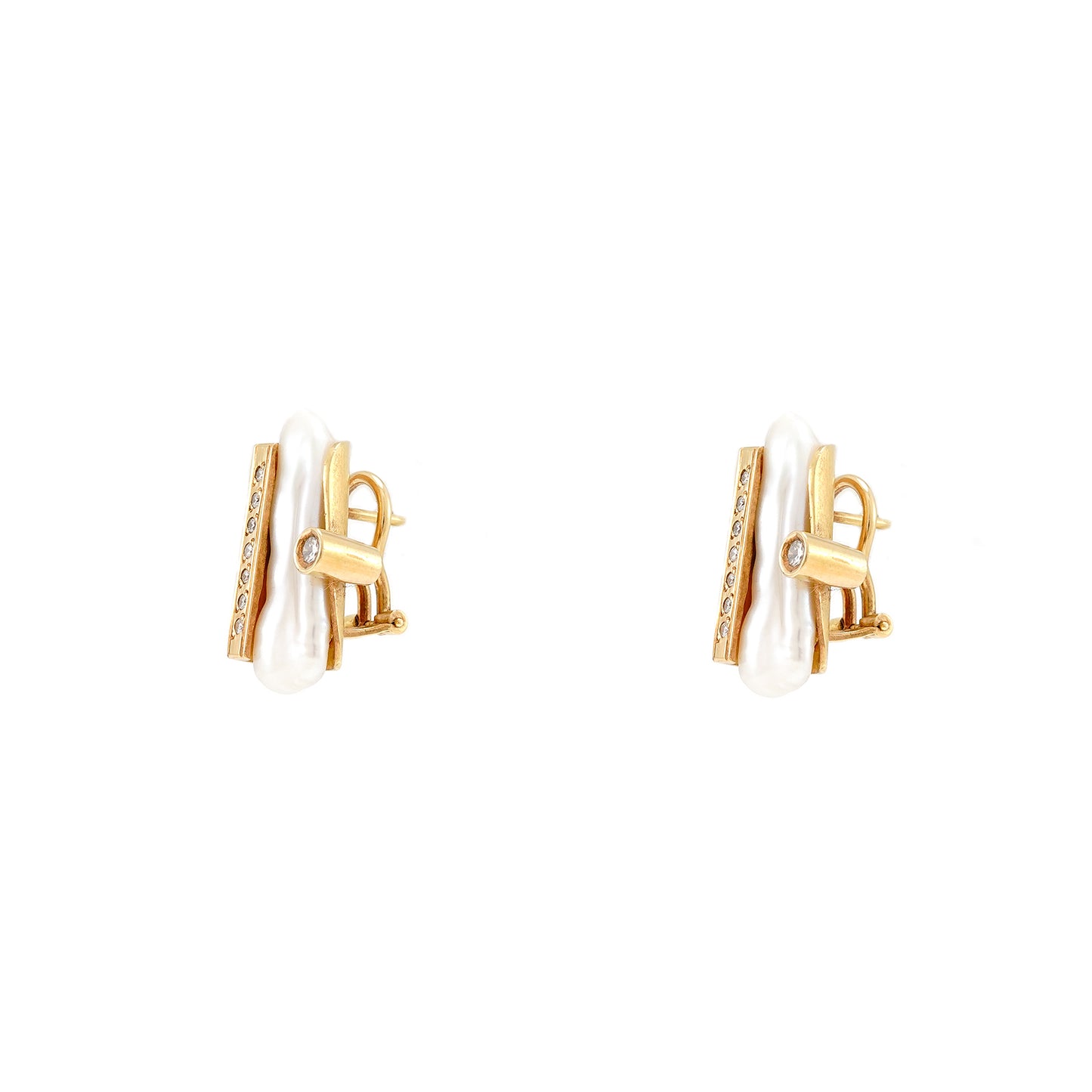 Diamond earrings baroque pearl omega clasp yellow gold 18K gold hoop earrings clips