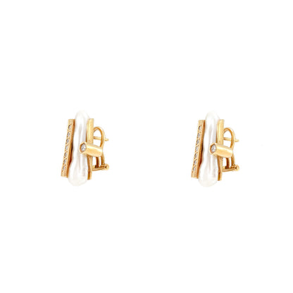 Diamond earrings baroque pearl omega clasp yellow gold 18K gold hoop earrings clips