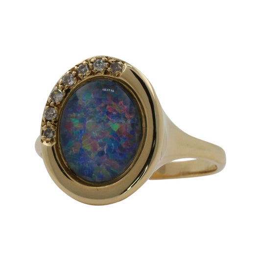 Handcrafted ring 18K yellow gold with opal + diamonds diamond ring women's ring