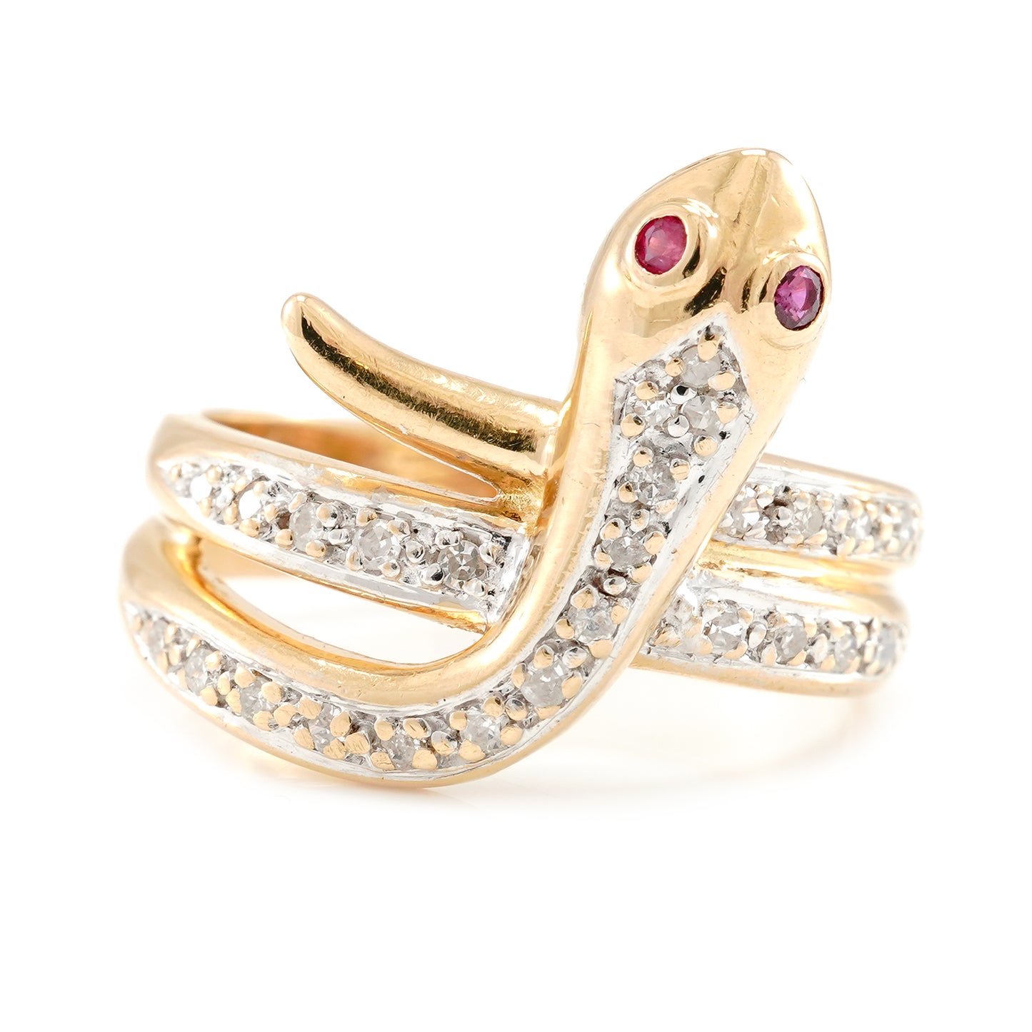 Bicolor snake ring diamond ruby ​​yellow gold white gold 14K women's jewelry gold ring