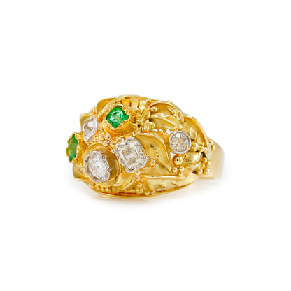 Vintage Cocktail Ring Diamant Altschliff Smaragd Gelbgold 14K Damenschmuck Goldring
