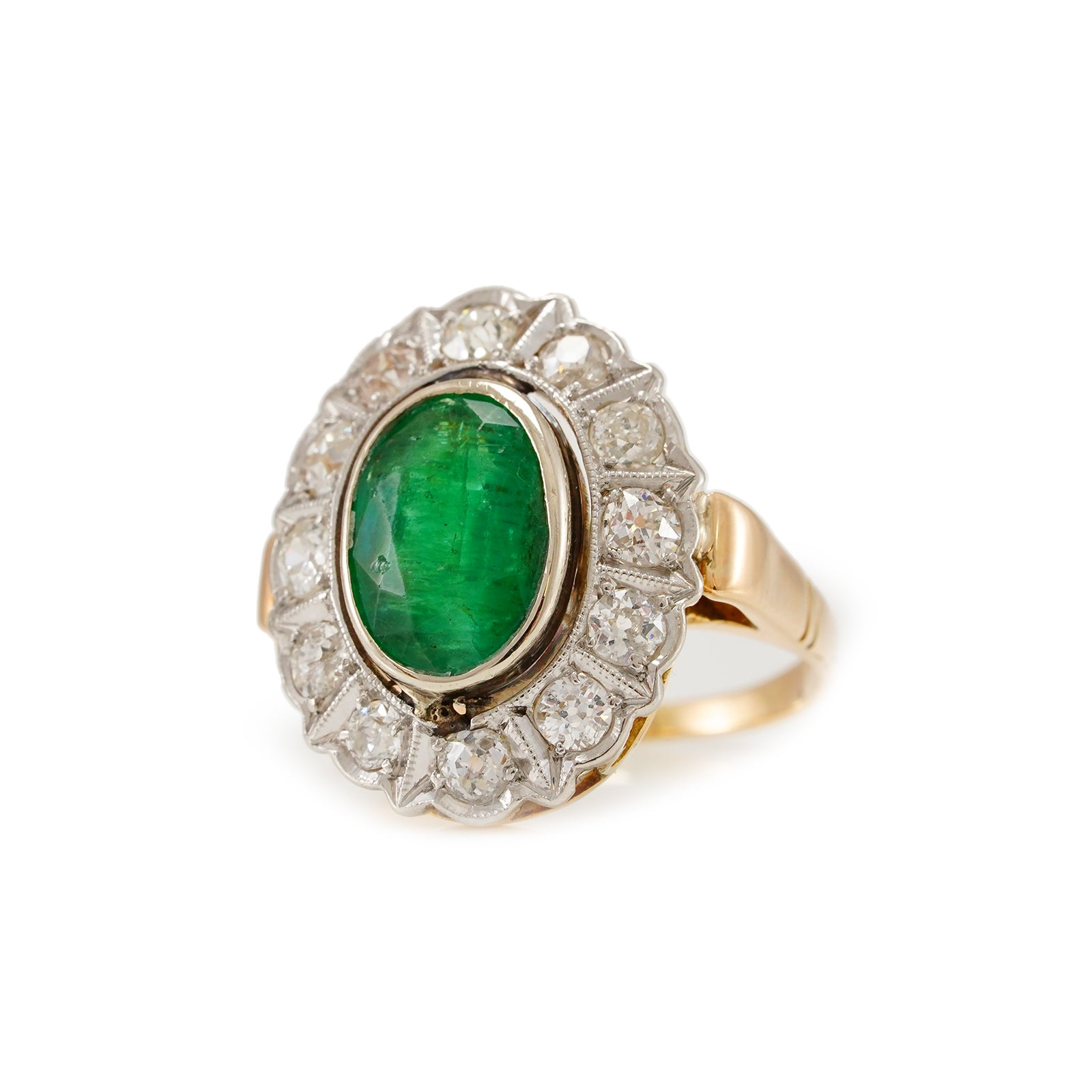 Vintage Entourage Ring Smaragd Diamant Gelbgold 14K Damenschmuck Goldring Edelstein